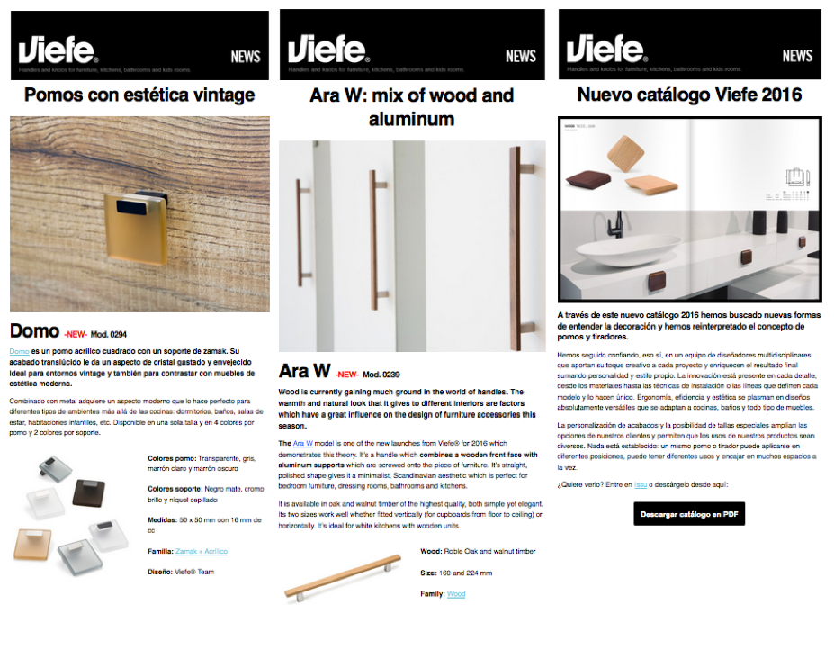 Newseltter de Viefe sobre pomos, tiradores y decoración. Newsletter of Viefe about knobs, handles and decoration.